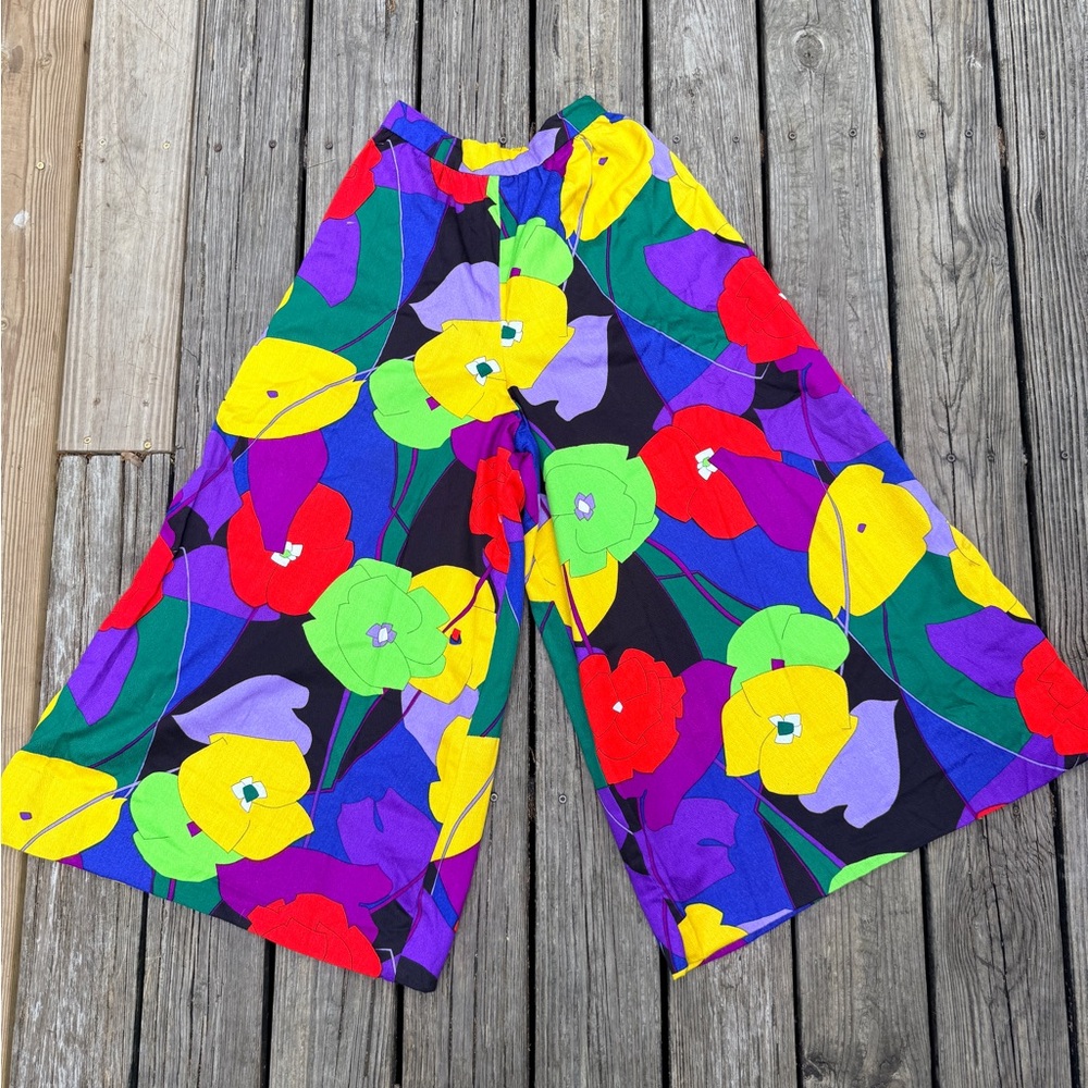 1960s 70s Handmade Day Flo Floral Barkcloth Palazzo Pants